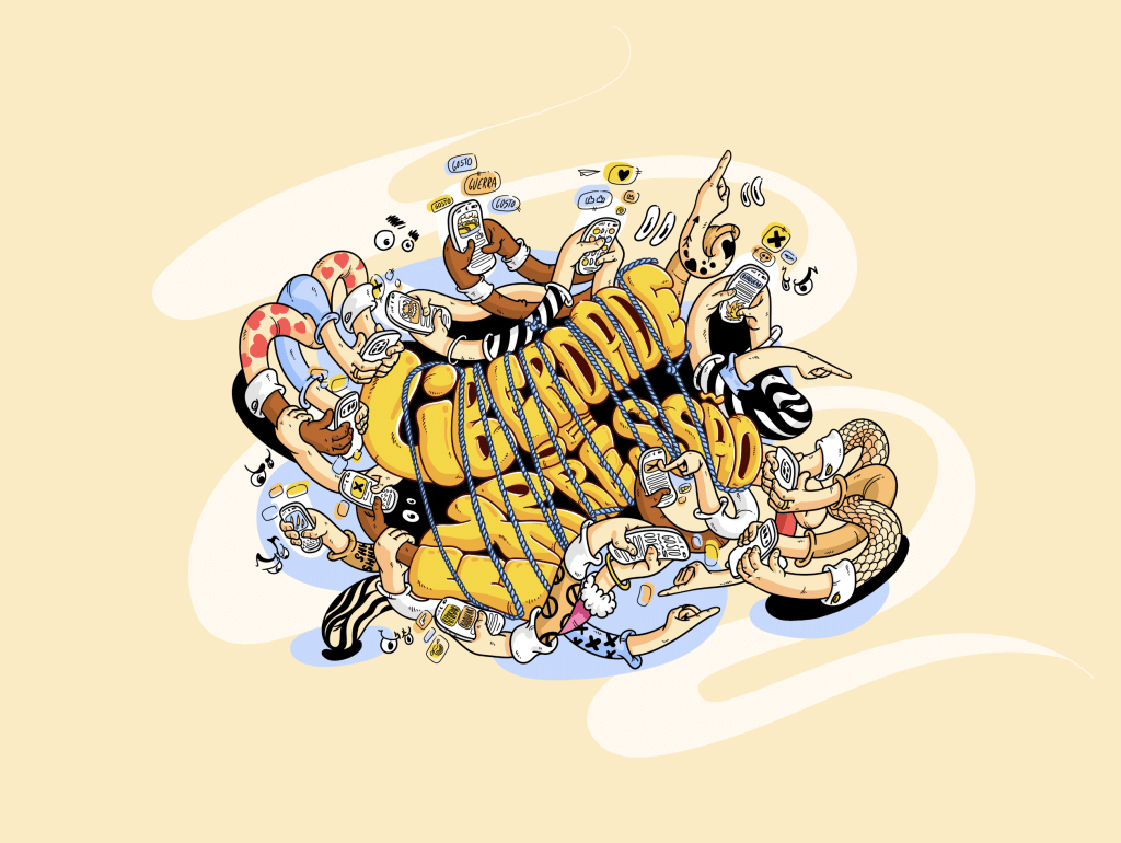 Ilustração divertida com personagens segurando smartphones e gesticulando.