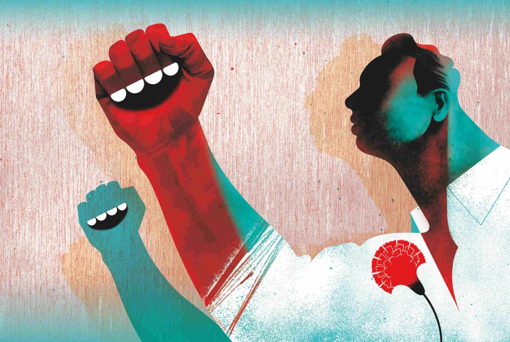 Punhos cerrados em protesta e simbolismo.