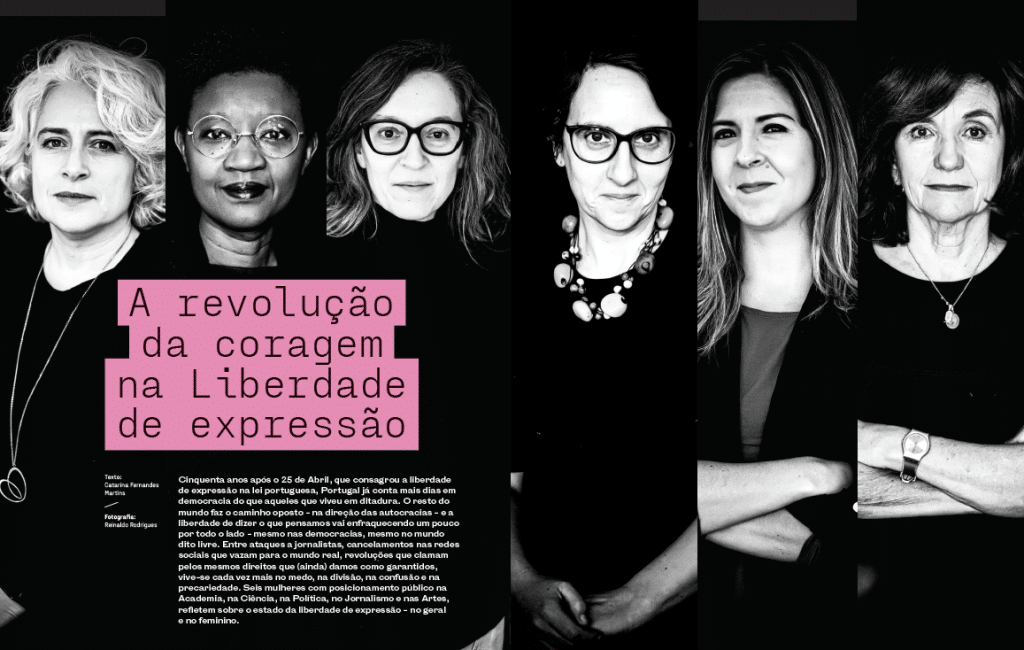Retrato em preto e branco de mulheres abordando a liberdade de expressão.