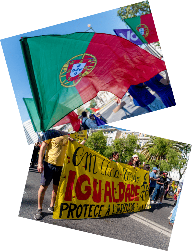 Bandeira de Portugal e manifestação por igualdade.