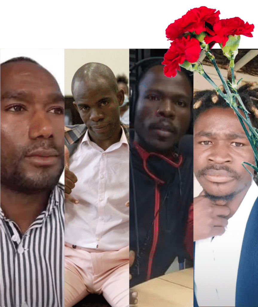 Retrato de quatro homens com flores.