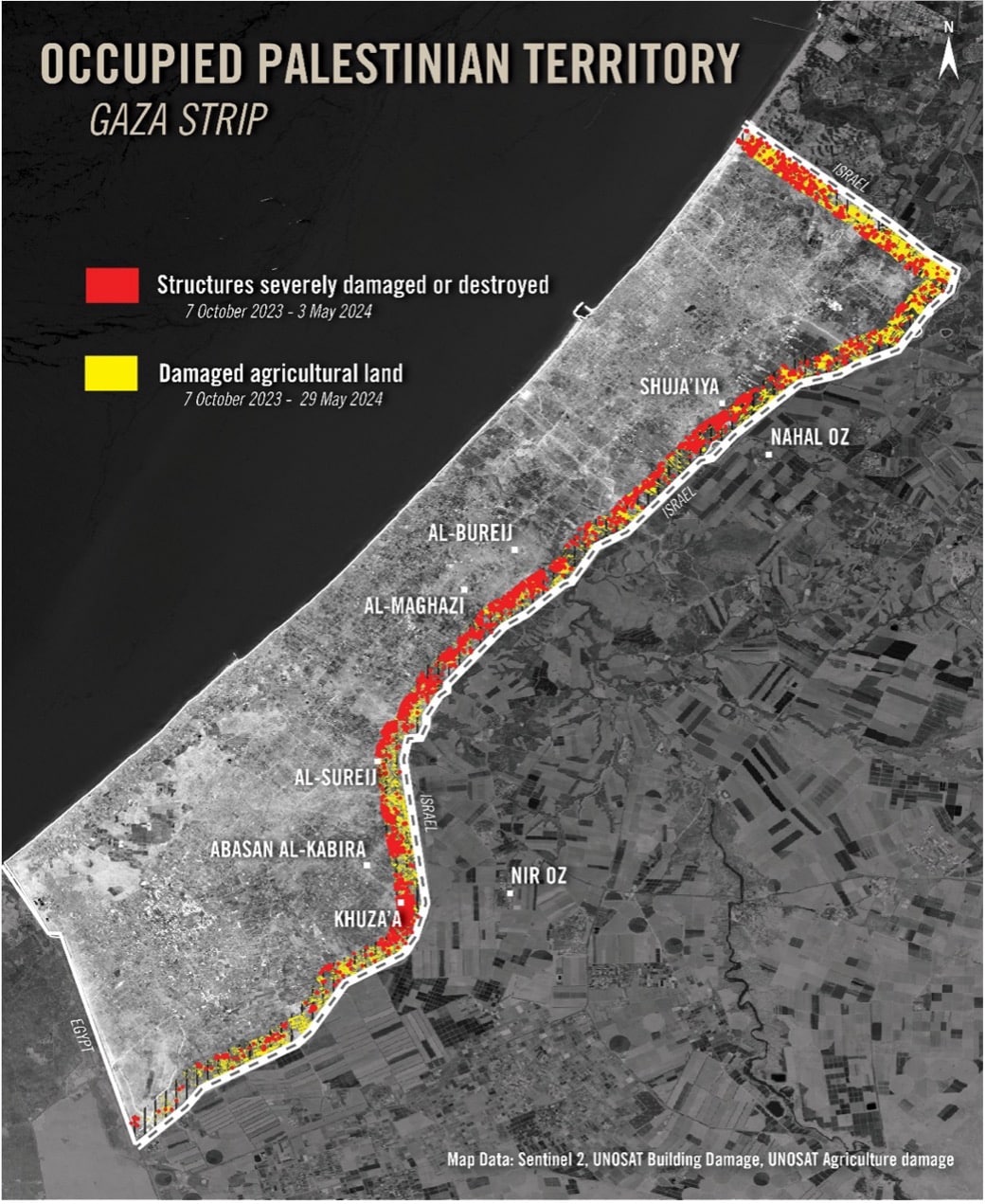 Território palestiniano ocupado com áreas danificadas na Faixa de Gaza.
