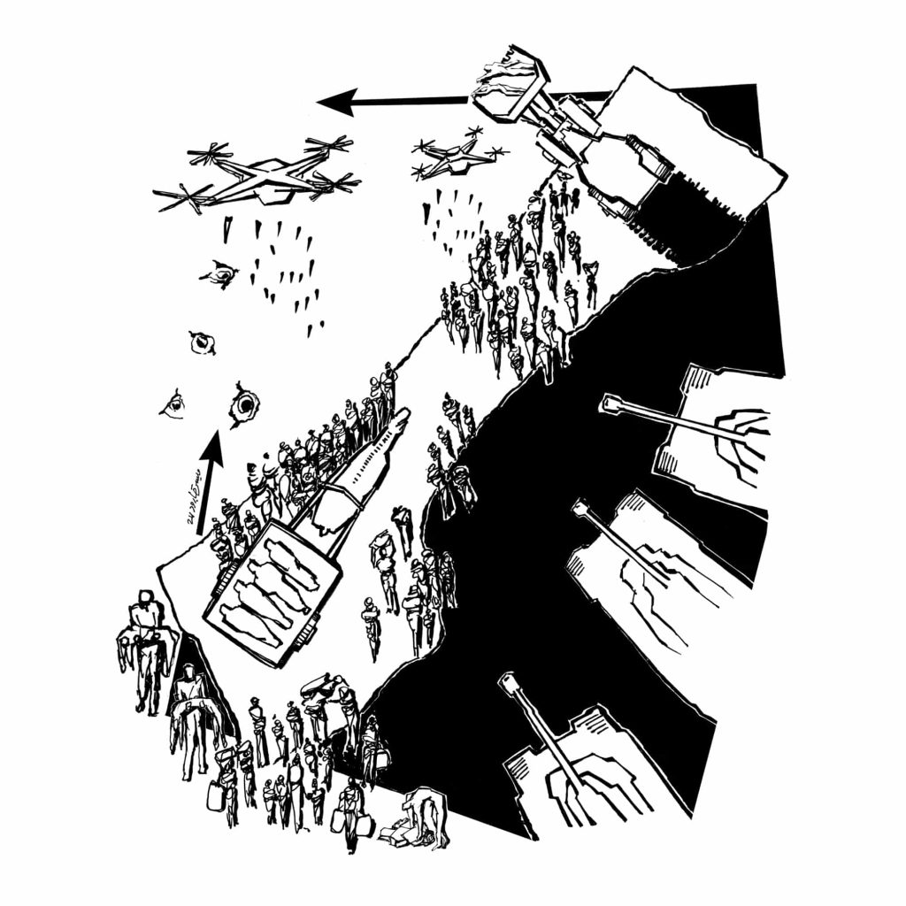 “Eye of heaven”, uma ilustração da artista palestiniana baseada em Gaza, Maisara Baroud, que retrata a experiência dos palestinianos com o genocídio de Israel na Faixa de Gaza ocupada a partir de 7 de outubro de 2023. ©️ Maisara Baroud