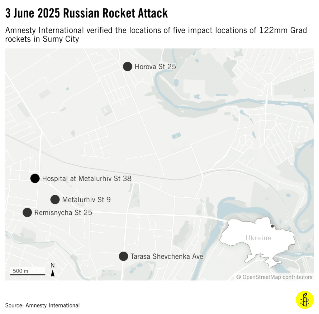 Mapa em inglês: A Amnistia Internacional verificou os locais de impacto de cinco foguetes Grad de 122 mm na cidade de Sumy. Fonte: Amnistia Internacional.