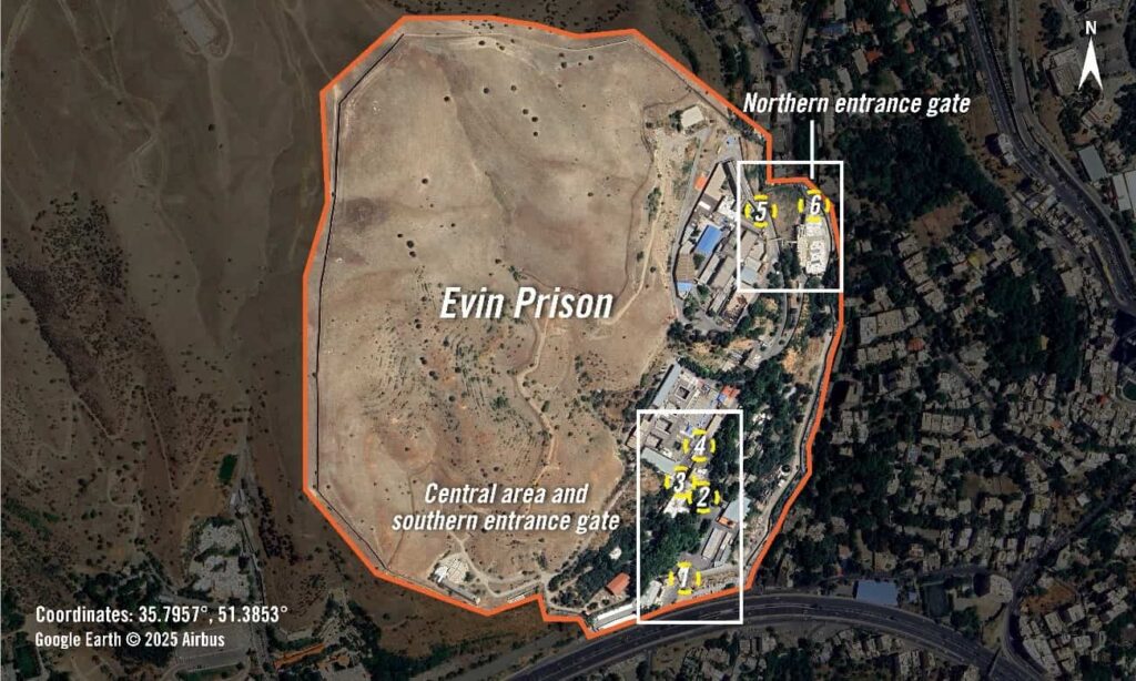 Irão Teerão Vista geral da prisão de Evin, com o perímetro exterior murado marcado a laranja. Os seis círculos amarelos destacam as áreas com maior destruição, indicando que foram esses os locais onde as munições caíram. As explosões e os danos resultantes estenderam-se para além das seis áreas. 