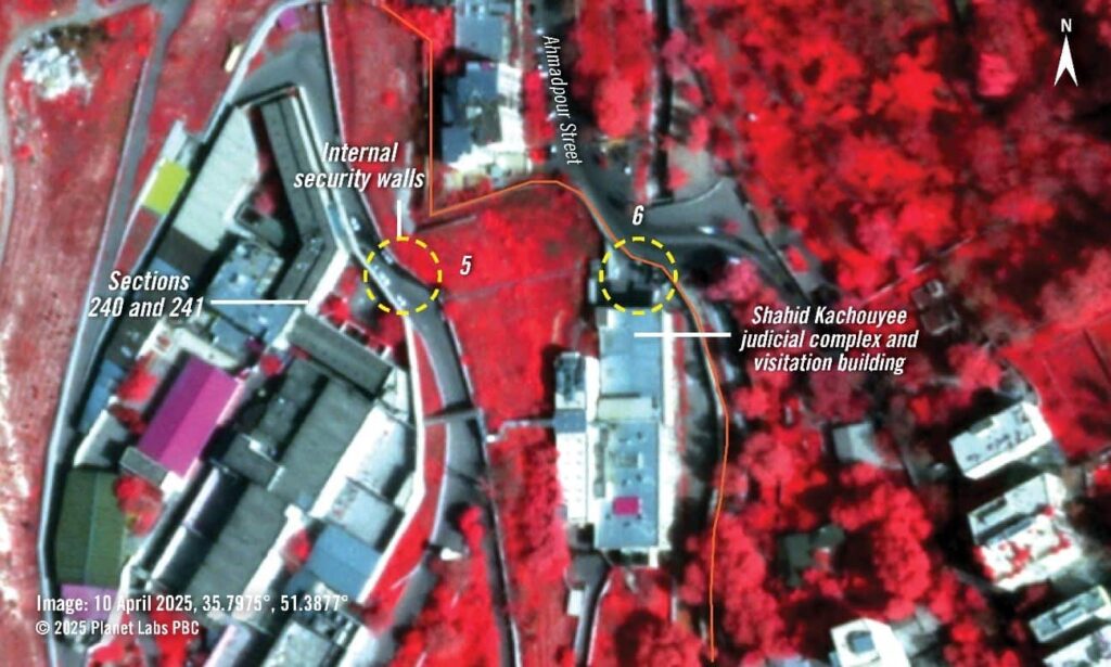 Teerão Irão Imagens em falsa cor, perto do infravermelho, de 10 de abril de 2025 e 27 de junho de 2025, revelam a destruição em dois locais distintos onde provavelmente caíram munições na parte norte da prisão de Evin (indicados com círculos amarelos): as paredes de segurança interna e a estrada em frente às secções 240 e 241 e o portão de entrada norte em frente ao edifício de visitas e ao complexo judicial Shaheed Kachouyee.