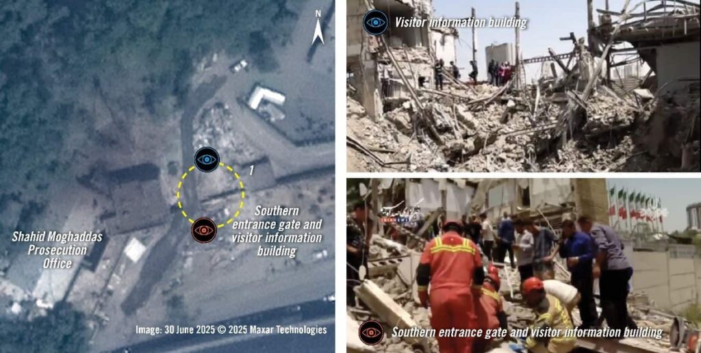 Teerão Irão Imagens de satélite de 30 de junho de 2025 revelam um local (marcado com um círculo amarelo) onde provavelmente caíram munições. Imagens do solo (à direita) geolocalizadas nas áreas norte e sul do portão de entrada sul mostram grande destruição.