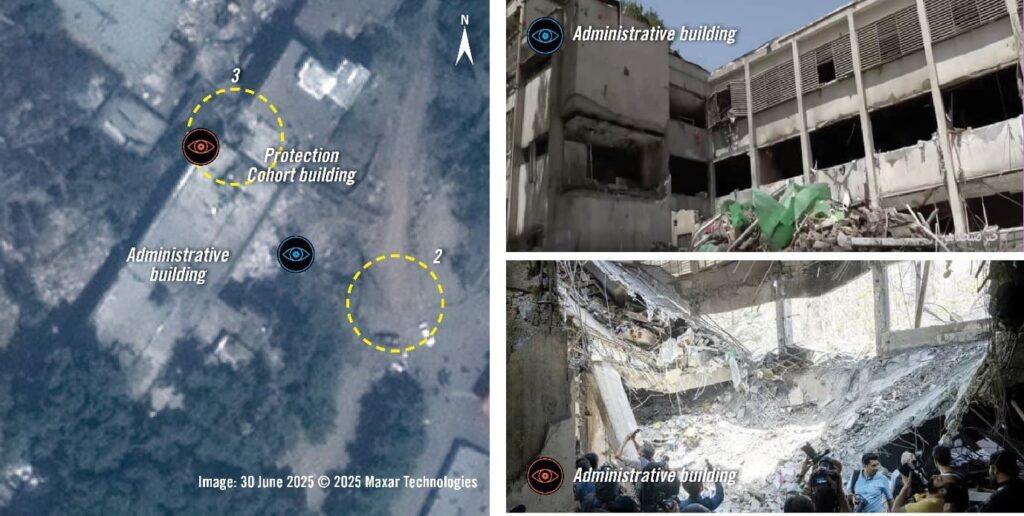Teerão Irão. Imagens de satélite (à esquerda) de 30 de junho de 2025 revelam dois locais (indicados com círculos amarelos) onde provavelmente caíram munições. Imagens do solo (à direita) mostram danos extensos no edifício administrativo.